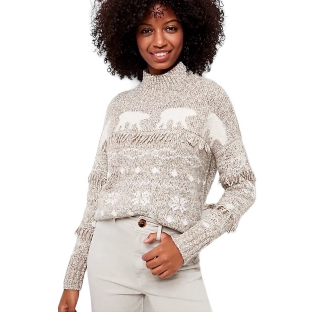 Loft Polar Bear Sweater sz Small Tan Neutral Fringe Mock Neck Animal Novelty